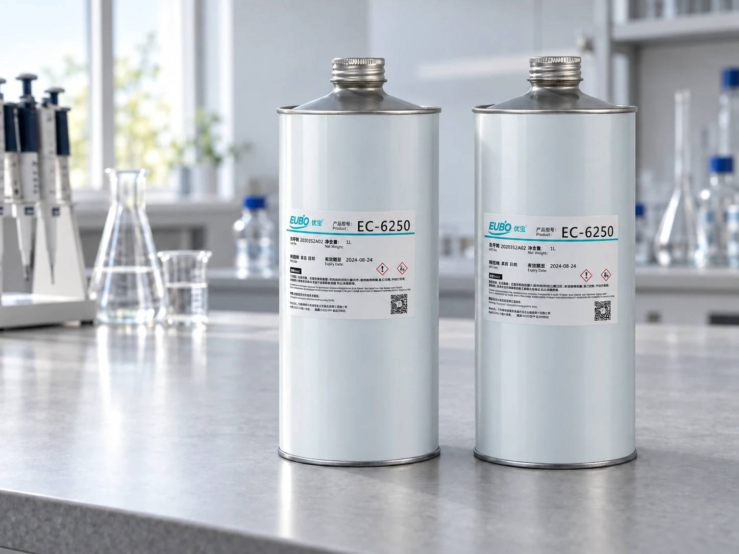 產品情境示意圖：實驗室工作台上表面平滑的淺灰色 EUBO EC-6250 罐裝產品